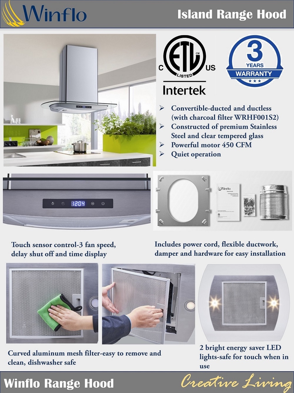 Winflo 36 in. Convertible Kitchen Island Mount Range Hood in Stainless